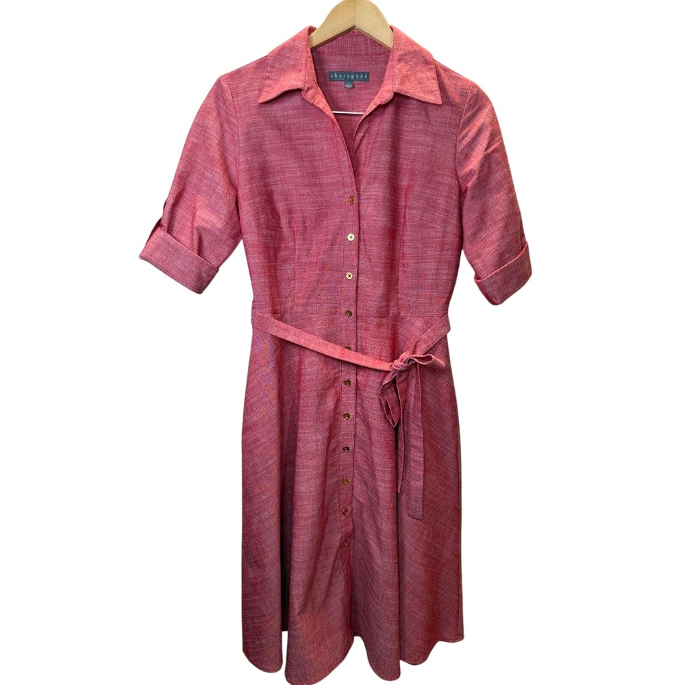 Sharagano Shirt Dress Womens 4 Red Short Sleeve Belted Pockets Workwear
